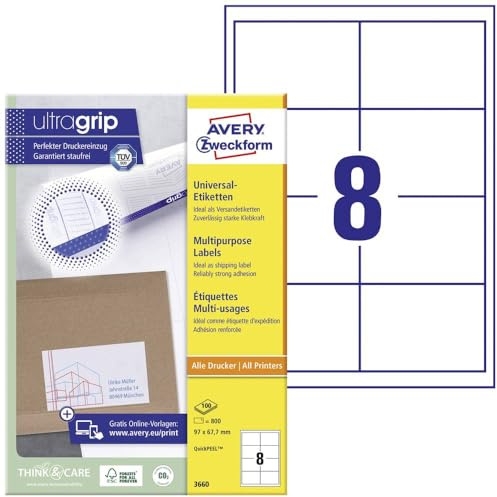 AVERY Zweckform 3660 Universal Etiketten (800 Klebeetiketten, 97x67,7mm auf A4, Papier matt, bedruckbare Versandetiketten, selbstklebende Versandaufkleber mit ultragrip) 100 Blatt, weiß