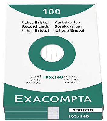Exacompta - Ref 13809B - Bristol Lined Record Cards (Pack of 100) - A6 in Size, 205gsm Card, Compatible with Printers - Suitable for Exam Revision & Notes - White