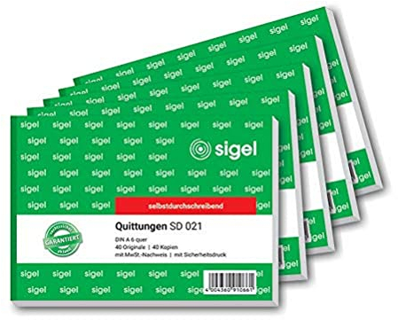 SIGEL SD021 Quittungsblock A6 quer, 5 Stück, 2x40 Blatt, selbstdurchschreibend, Standardquittung, mit 1 Durchschlag, mikroperforiert, aus nachhaltigem Papier