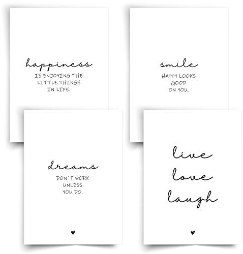 Donari® Poster Set Schwarz-Weiß 21x30 Kunstdruck Happiness • Wandbilder Deko Wohnzimmer Smile • Wanddekoration Wohnzimmer • Bilder mit Sprüchen