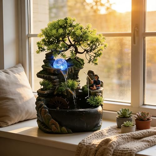 11.81in Tabletop Waterfall Bonsai Desktop Rockery Fountain Indoor Mini Rockery Water Fountain with Automatic Pump and LED Light, Home Office Bedroom Humidifier Desk Decorater（No Atomizer）