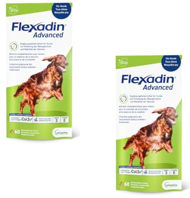 Flexadin Advanced för hundar | dubbelpack | 2 x 60 tuggar | kompletterande foder för att stödja ledens hälsa | Med immunaktivt kollagen, omega-3 och E-vitamin