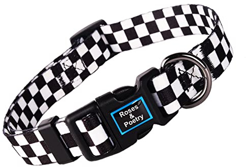 Roses&Poetry Dog Collar with Colourful Checkered Patterns, Adjustable Durable Puppy Collars for Small Medium Large Dogs (Black & White-XS)