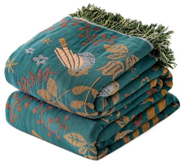 Boho Throw Blanket for Bed 100% Cotton Soft Quilt Spring Lightweight Blanket Bird Floral Embroidery Room Decor Twin Bed Blankets,60x80 All Season Breathable Throw for Sofa&Couch Chair