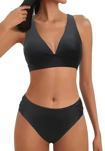 Costumi da Bagno Donna Scollo a V Triangolo Top Push-up Reggiseno Imbottito Cinturino Laterale Media Bottom Bikini Set Spiaggia Due Pezzi(Nero,XL)