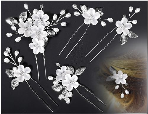 KAPSING 5 stycken brudhåraccessoarer, bröllopsblommor, pärlor, hårsmycken, U-formad hårkam, bröllop, kompatibel med kvinnor, flickor (silver)