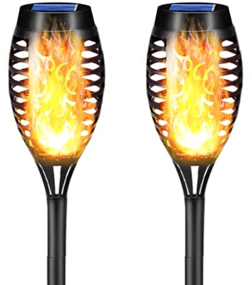 LQWELL® Torce Solari per Esterni da 2 Lampade Solari LED con Effetto Fiamma, Impermeabili IP65, Confezione da 2