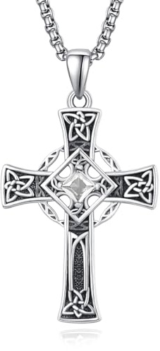 ADMETUS Keltisches Kreuz Anhänger Silber 925 April Geburtsstein Halskette Keltischer Knoten Kette mit Geburtsstein Kreuz Schmuck Geschenke für Herren