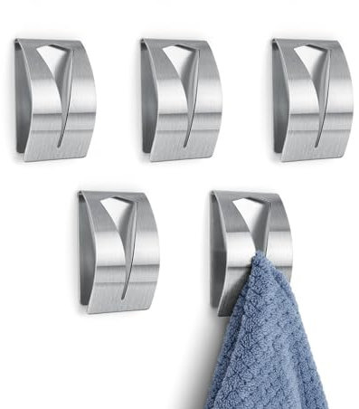 0XBIT Ganchos Pared, 5 Piezas Colgador Plata, Gancho Adhesivo Acero Inoxidable, No Requiere Perforación, Diseño Anticolisión para Cocina, Baño