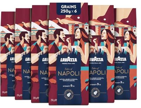 Lavazza, Tales of Napoli, Café en Grains, 1.5 kg, pour les Machines à Café Automatiques, Notes de Cacao et de Caramel, Arabica et Robusta, Intensité 9/10, Torréfaction Foncée, 6 x 250g