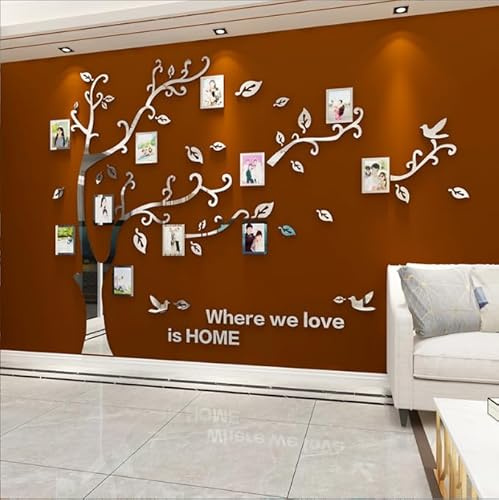 Purekay Grande 3D Albero Adesivo Muro Wall Stickers, DIY Cornici per Foto Adesivi Murali per Camera da Letto Soggiorno Ufficio Divano TV Decorazione Parete Cucina (Specchio Argento Sinistro, M)