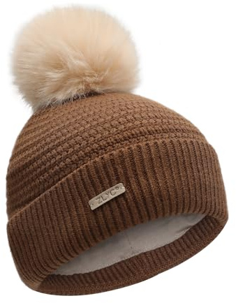 ZLYC barn vinter stickade mössor bomull pom pom mössa för flickor pojkar, Enfärgad brun, one size