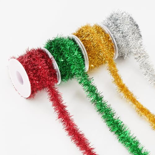 KINGLAKE Christmas Tinsel Garland, 4 Rolls Thin Christmas Tree Decoration, 20 Yards Xmas Mini Glitter Tinsel for DIY Crafting, Tree, Wrapping Gift, Party, Home