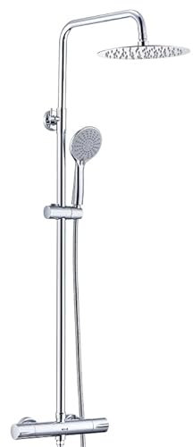 DETBOM Colonna Doccia Termostatica con Miscelatore, Set Doccia in Acciaio Inox 304 - Soffione Pioggia 25cm + Doccetta 3 Jet Autopulente, Kit Completo con Tubo 1.5m e Staffa Regolabile, Rotondo