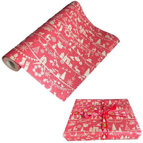 Kraft omslagspappersrulle, julfest snöflingor julklapp inslagning med strängar 100 % återvinningsbar eco present till jul födelsedagspresent baby shower festdekor, 43 cm x 10 m