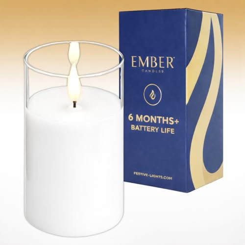 Ember Candles™ 12,5 cm orkan klart glas, vitt fjärrstyrt LED-ljus – 100 % äkta vax, ultrarealistisk flamma, handhälld design, batteridriven, 6 timmars timer för inomhusbruk (utan fjärrkontroll)