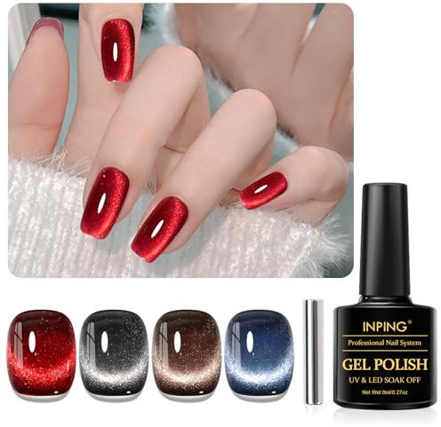 INPING Cat Eye Gel Nail Polish, 4 Colors Galaxy Shimmer Sparkle Glitter Red Black Brown Blue Magnetic Gel Polish with Magnet Nail Varnish Soak Off UV/LED for Women, 8 ML