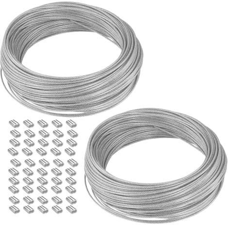 MUNGHOK 2 Stück 50m Drahtseil Ummantelt 2mm,Rankhilfe Stahlseil Edelstahl | Drahtseil Set mit 50 Aluminiumhülsen, Edelstahldrahtkabel Stahlseil Ummantelt für Seilaufhängung