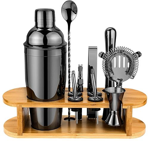Set di Shaker per Cocktail Kit da Bartender con Supporto, Set di Miscelatori per Bevande in Acciaio Inox con Tutti Gli Accessori Essenziali, Set di Strumenti da Bar Professionali Kit da Bartender