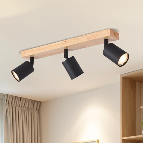 LVWIT Faretti LED da Soffitto Orientabili Nero, Faretto da Interno con 3 LED in Alluminio GU10, Base di Legno, Faretti Soffitto Retrò per Barra, Salotto,Cameretta, Cucina (Lampadine Escluse)