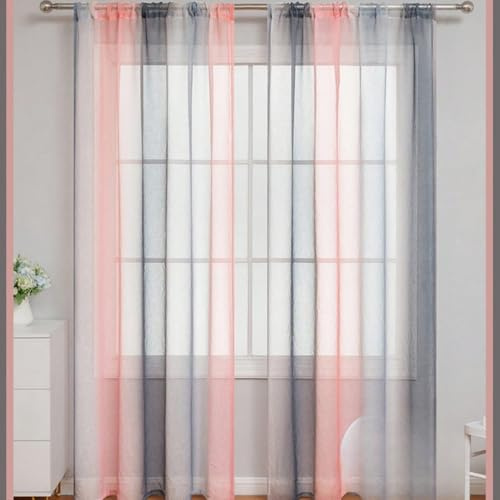 2er Set Gardinen halbtransparente Vorhänge Farbverlauf Voile Dekoschal Fensterschal Scheibengardine Schlaufengardinen Modern für Schlafzimmer und Wohnzimmer Raumteiler 150x200cm(BxL),Grau Rosa