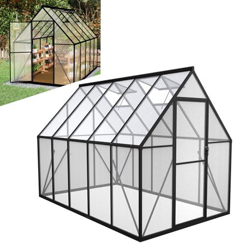 LZQ Gartengewächshaus Aluminium mit Fundament 280x180x195 cm Gewächshaus Pflanzenhaus mit Schiebetür und Dachfenster Treibhaus Gartenhaus Winterfest Aufzucht Tomatenhaus (6x10 ft)