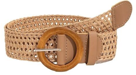 JIARY Cinturón Elástico Trenzado para Mujer Cinturón Bohemio Tejido De Paja con Hebilla De Madera, Cinturones De Mujer Anchos para Vestido De Verano, Falda Corta,Caqui,110CM/43.3''