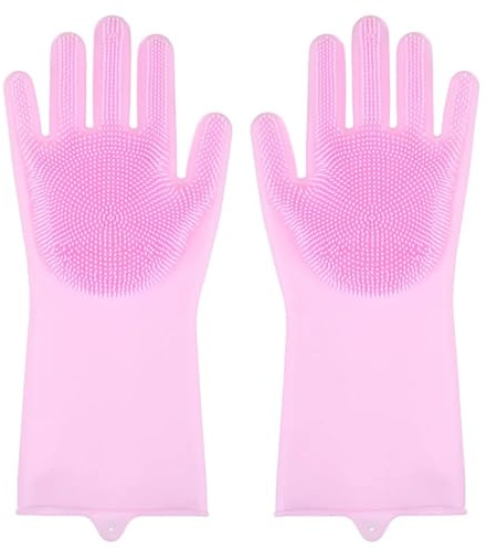 Silicone Scrubber Gloves Silicone Dishwashing Gloves Dishwashing And Laundry Insulated Kitchen Cleaning Household Gloves Bathing Gloves For Kitchen Bathroom Cleaning Car Washing(Pink)