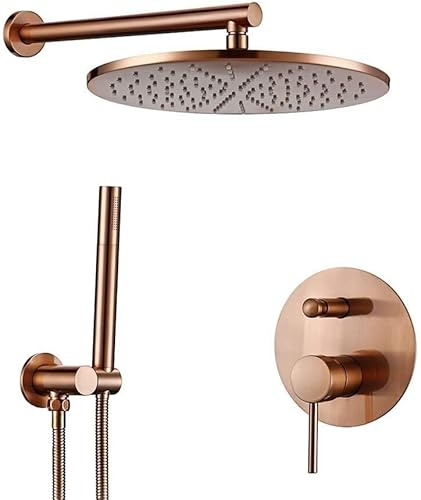 DLAZUM Set Rubinetto Doccia in Ottone Spazzolato Oro Rosa, Montaggio a Parete con Miscelatore deviatore, doccetta, soffione Doccia a Pioggia da 8-12,One Color-12inch