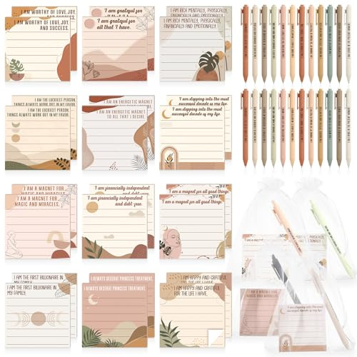 Funrous 72 Pcs Positive Affirmation Gift Inspirational Sticky Notes with Pens Bags Employee Appreciation Gifts for Coworkers Staff Home School Office Valentines Party Favors Gifts Supplies (Boho)