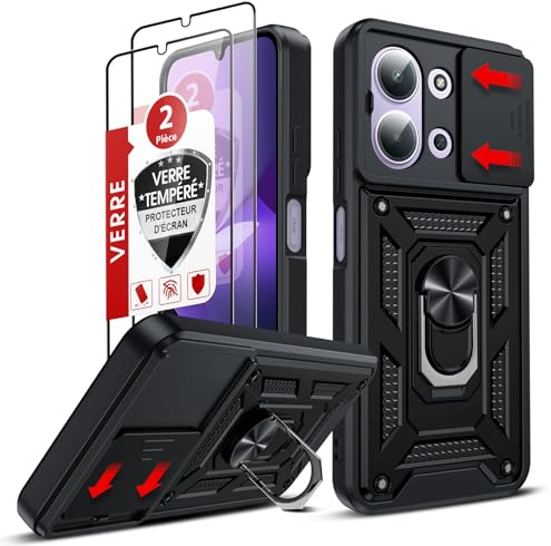LeYi Coque pour Xiaomi Redmi 15C Antichoc avec 2*Verre Trempé+Full Protection Caméra Coulissante, Anneau Support, Étui de PC Dur et TPU Cover Silicone Militaire Anti-Rayures Housse, Noir