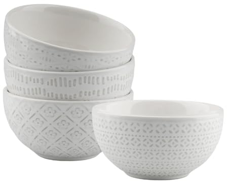 quiodok 4 Stück 320ml Müslischalen Keramik Set Mit Reliefmuster, Müslischalen Porzellan, Kleine Dessertschalen, Steingut Salatschüssel Set, Tief Suppenschalen Weiß, FrüHstücksschalen