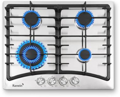 Ranein 24-Inch 4 Burner Gas Cooktop Stove Top, Built-In Gas Stove, 304 Stainless Steel Panel, NG & LPG Convertible, Compact Cooking Stove for Apartment, Indoor