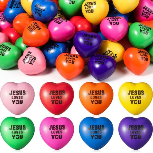 Skylety 60 Pcs Valentines Jesus Loves You Heart Stress Balls Bulk Christian Foam Relief Stress Squeeze Balls Valentine's Day Gifts for Coworkers Adults Christian Party Favor(1.57 inch)