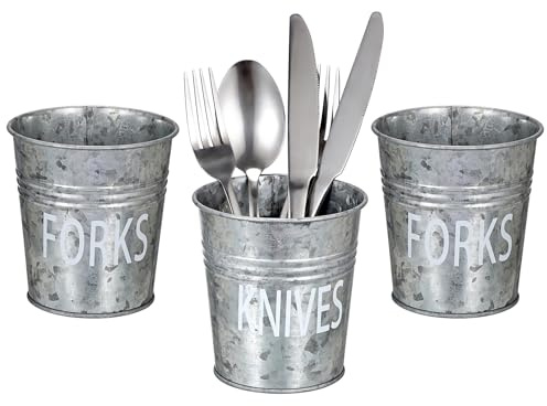JUXYES Set of 3 Farmhouse Metal Tin Bucket Utensil Holder - Antique Silverware Caddy for Kitchen Countertop - Rustic Flatware Cutlery Caddy Silverware Holder Spoon, Fork & Knife Organizer for Parties