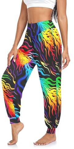 Färgglad regnbåge tonad svart dam semester yogabyxor sommarbyxor hög midja gym träningsbyxor boho haremsbyxor, S