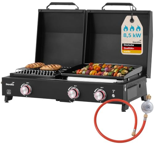 Skandika Plancha Grill Eldur 3 brännare plus | Grillplatta med lock, 3 brännare, bärbar gasgrill med kokplatta, utomhus, camping | gasplancha, grillplanka, gasgryta, balkonggrill, bordsgrill