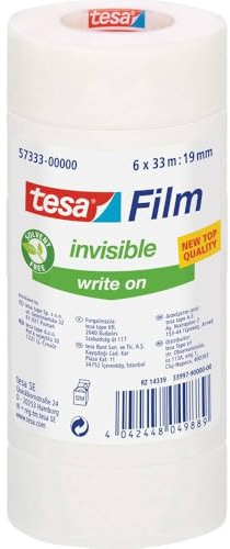 tesa tesafilm Invisible Klebeband - höchst transparent, 33 m x 19 mm, 6 St. | Nahezu unsichtbarer, kopierneutraler Klebefilm - von Hand einreißbar - rollt geräuschlos ab, UV- und alterungsbeständig