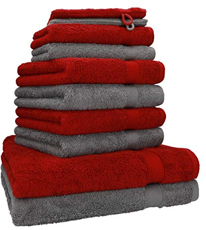 Betz Premium 10er Handtuch-Set - 2X Duschtücher - 4X Handtücher - 2X Gästetücher - 2X Waschhandschuhe - Farbe Dunkelrot & Anthrazit