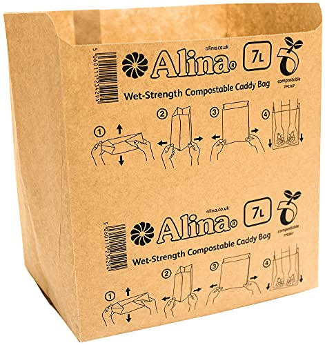 Alina kompostierbarer Papier-Caddy-Müllbeutel/Lebensmittelabfall-Müllbeutel/biologisch abbaubarer 7-Liter-Papiersack 150 x 6 l bis 8 l (braun, 150 Beutel)