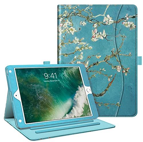 Fintie Hülle für iPad 9.7 Zoll 2018 2017 / iPad Air 2 / iPad Air 1 | Mehrere Blickwinkel, Folio-Schutzhülle mit Stifthalter, Staufach & Eckenschutz, Auto Schlaf-/Wach funktion, Mandelblüten