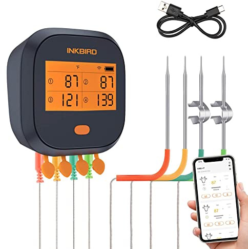 INKBIRD WiFi Meat Thermometer IBBQ-4T, Wireless WiFi BBQ Thermometer for Smoker, Oven | APP Calibration Temp Graph | Mobile Notification Timer Alarm | Rechargeable Digital Grill Thermometer, 4 Probes