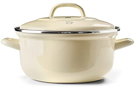BK Indigo Dutch Heritage Round German Enamelled Casserole with Lid with PFAS-Free Ceramic Non-Stick Coating, 26 cm/5.2 Litre, Induction, Dishwasher Safe, Oven Safe, Cream