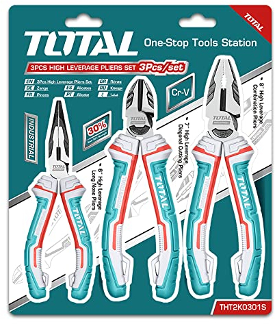 TOTAL - Set di 3 Pinze Professionali | Acciaio al Cromo-Vanadio Resistente | Impugnatura Ergonomica Antiscivolo | Ideali per Fai da Te e Manutenzione, Nere