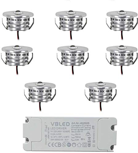 VBLED® 8er Set Mini Einbaustrahler Spot 3W 700mA 160lm warmweiß mit dimmbarem Netzteil