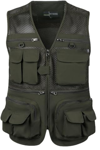 HZQIFEI Utomhusväst för män mesh, ventilerande väst med flera fickor, multifunktionsväst, fiske, vandring, arbete, väst, Armégrön, 4XL