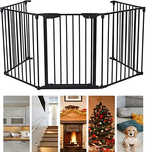 MYOYAY Dog Gate 5 Panel,118 Wide & 30 Tall Safety Gate Metal Fireplace Fence Dog playpen Stair Gate Garage Fences Stairway Barrier with Safety-Lock Wall Mounted Freestanding(Black)