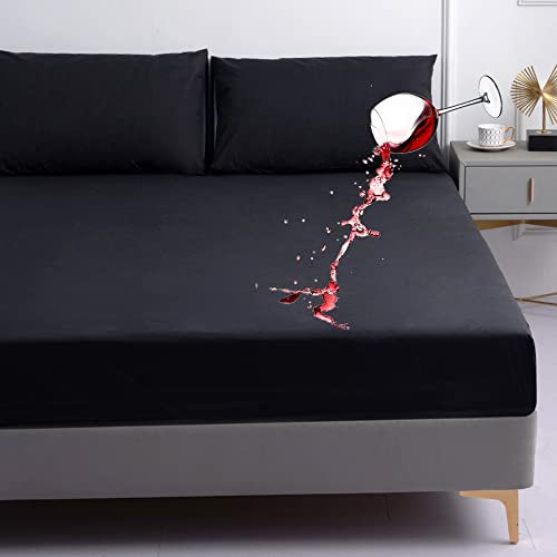 Chickwin Wasserdichtem Spannbetttuch Mikrofaser Einfarbig Spannbettlaken Rutschfestem Weiche Bettlaken Bis 25cm Hohe Matratzen in Vielen Größen (Schwarz,160x200x25cm)