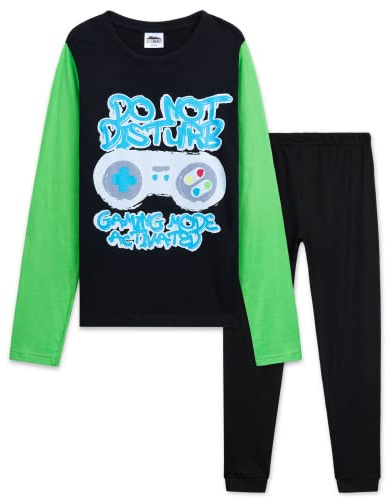 CityComfort Pigiama Ragazzo Adolescenti Set Pigiami Lunghi con Motivo Gioco Abbigliamento da Casa Regalo Bambino (15 Anni, Nero/Verde Gioco)