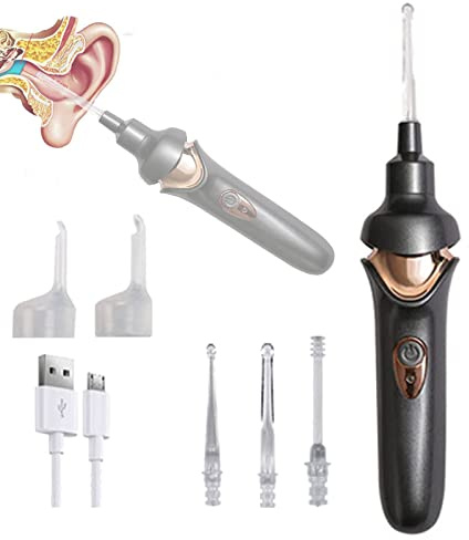Aspirador Eléctrico De Succión De Oídos, Recogedor De Oídos Eléctrico De Cabeza Blanda con Luz, Limpiador De Cerumen para Adultos Y Niños,Negro